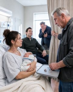 I was cradling my newborn when my uncle stepped into the hospital room and noticed the dark fingerprints pressed into my neck. My husband leaned back in the chair and smiled smugly. “Just showing her who the boss of this new family is.” My uncle quietly drew the hospital curtains closed and removed his hearing aids, setting them on the tray. “Close your eyes, kiddo,” he told me softly. But the moment my intimidating father-in-law saw the faded military tattoo on my uncle’s forearm and began vomiting from sheer terror, I knew my husband had made the last mistake of his life.The first time my baby boy cried, my husband laughed over the sound. He sat back beside my hospital bed, stared at the purple handprints spreading across my throat, and said, “Now she knows who runs this family.”

I pulled my newborn closer to my chest, hoping the nurse in the hallway would catch the fear hidden inside my silence. But Caleb had already fooled everyone on the maternity floor. Bouquets from his company filled the room. A silver balloon read BEST DAD EVER. His father, Martin Price, stood by the window in a leather jacket, his heavy arms folded, smiling the way men smile when they think fear is something passed down through blood.

“Don’t look so dramatic, Nora,” Martin said. “Women get emotional after birth.”

Caleb’s mouth curved. “She tried to argue about the name. My son carries my name. My rules.”

My baby’s tiny hand unfurled against my hospital gown. I forced down the pain, the fury, and the metallic taste of shame. “His name is Eli,” I whispered.

Caleb’s chair dragged against the floor. “What did you say?”

Before he could get up, the door swung open.

My uncle Ray entered with a paper bag of apple muffins and his old brown coat on his shoulders. He was seventy-two, partially deaf, limping because of a bad knee, and looked as gentle as a retired librarian. To Caleb, he seemed harmless.

To me, he had always been safety.

Ray paused at the end of my bed. His gaze moved from my face to my throat. Something in the room shifted. Not louder. Quieter. Like the air disappearing right before a storm breaks.

“Who did that?” he asked.

Caleb gave a low laugh. “Uncle, relax. Just showing her who the boss of this new family is.”

Martin laughed once, then went silent.

Ray placed the muffins on the table. Slowly, with eerie calm, he closed the hospital curtains. Then he took out both hearing aids and set them on the tray beside my untouched soup.

“Close your eyes, kiddo,” he told me softly.

But I kept them open. I watched Martin Price’s face turn colorless when Ray’s sleeve moved and exposed the old military tattoo on his forearm: a black dagger piercing a broken crown.

Martin made a wet gagging noise. Then the brutal man who had frightened half the county bent forward and vomited all over the spotless hospital floor.

Caleb yelled at him, humiliated. “Dad, what’s wrong with you?”

Martin could not speak. His stare remained locked on Ray’s arm, on that faded ink, on some buried past he had clearly believed would never rise again.

That was when I understood. Caleb had not married a powerless woman.

He had married the only niece of the man his father still saw in nightmares….

Part 2
Ray did not raise his voice once. That was what made the hospital room feel so dangerous.

He looked at Martin. “You know me.”

Martin wiped his mouth with a trembling hand. “Raymond Voss.”

Caleb glanced between his father and my uncle, irritated that fear had entered the room without asking him first. “What is this? Some old army reunion?”

Ray’s eyes moved to him. “No. This is the last decent warning your family will ever receive.”

Caleb rose to his feet. “You don’t threaten me in my son’s room.”

“My son,” I said, stronger this time.

His gaze snapped toward me. “You’re tired, Nora. Don’t embarrass yourself.”

That was the mistake he made. He still believed shame could control me after fear had burned every trace of it away.

Ray reached inside his coat and pulled out a phone. Just a phone. He passed it to me and gave a small nod.

I understood immediately.

For months, while Caleb had tightened his control over my bank account, my friends, my passwords, and even my breathing, Uncle Ray had told me to keep records. He never forced me before I was ready. He only told me, “Predators count on silence. Give their silence a timestamp.”

So I did. Photos buried in hidden cloud folders. Audio files saved under grocery-list names. Emails Caleb had sent from his work account ordering me to “behave.” Screenshots of Martin texting, A wife learns faster when she’s scared.

And that morning, before Caleb came in, I had already signed a report with the hospital social worker. I had asked the nurse to take pictures of my neck. I had agreed to let security preserve the hallway footage.

Caleb had no idea. Martin had no idea.

Ray did.

The nurse knocked on the door. “Everything okay?”

Caleb gave her his flawless smile. “Family moment.”

I looked straight at her. “No.”

One word. Small. Precise. It sliced the room wide open.

Security arrived in less than a minute. Caleb tried to turn it into a joke until the head nurse saw my throat and her expression hardened. Martin seized his son’s arm and whispered harshly, “Shut up.”

But Caleb was wealthy, entitled, and far too accustomed to women giving in. “Do you know who my father is? Do you know how many people owe us favors?”

Ray put his hearing aids back into place. “I do.”

The hospital administrator came next, followed by two police officers. Caleb’s confidence returned when he recognized one of them. “Denny, thank God. Tell them this is private.”

Officer Denny did not move. His eyes kept flicking toward Ray.

Ray said, “Is Captain Morales still in charge of Internal Affairs?”

Denny’s jaw tightened.

Martin murmured, “Ray, please.”

That please was worth every bruise I had ever hidden.

Ray turned to me. “Your aunt left you something besides recipes, Nora. Her shares. Her trust. Her voting rights.”

Caleb blinked. “What shares?”

I raised my chin. “The Price Logistics shares your father stole from her after she died. The ones he thought nobody could trace.”

Martin reached for the wall.

Ray smiled, but there was no kindness in it. “I traced them.”

For the first time, Caleb looked truly scared. Not of Ray’s hands. Of documents, witnesses, and a woman lying in a hospital bed who had already signed every necessary paper.

Part 3
The collapse started before the pain in my throat had even faded.

Caleb was escorted out of the room while shouting about attorneys. Martin tried to go after him, but two officers stopped him when Ray quietly asked if they wanted federal investigators examining every favor the Price family had purchased from their department. Suddenly, no one was eager to assist.

I gave my statement while Eli slept.

Ray sat beside me, lifting a paper cup of water to my lips because my hands would not stop trembling. “You did the hard part,” he said.

“No,” I whispered. “I survived the hard part. Now I want him stopped.”

Ray nodded once. “Then we do it clean.”

Clean was Ray’s favorite word. It meant no revenge that could be twisted against me. No fury that handed Caleb a defense. No theatrical errors. Only law, evidence, and consequences arriving in neat pressed suits.

Within forty-eight hours, my emergency protective order was approved. Caleb was barred from the maternity ward, our home, and me. After the hospital photographs, recordings, and witness accounts were submitted, the court granted temporary custody of Eli to me alone.

Then the second strike landed.

Ray’s lawyer filed a civil case against Martin Price and Price Logistics, backed by old transfer documents, falsified signatures, and a trail of shell accounts leading directly to Martin. My aunt, Ray’s wife, had once owned thirty percent of the company. After she died, Martin buried the shares beneath forged paperwork and assumed Ray would stay shattered.

Ray had not been shattered. He had been waiting.

At the custody hearing, Caleb appeared immaculate and furious, dressed in a navy suit and wearing the expression he used for donors. “My wife is unstable,” he told the judge. “My father and I have been trying to protect the baby.”

The judge opened a folder. “Mr. Price, are you referring to the baby you threatened to remove from his mother unless she stopped documenting assault?”

Caleb froze.

My attorney played the recording. His voice filled the courtroom: “No one believes bruises on a hysterical postpartum woman. My father owns this town.”

Martin shut his eyes.

The judge did not. “Apparently,” she said, “not anymore.”

By sundown, Caleb was facing criminal charges. Martin’s accounts had been frozen. Price Logistics’ board suspended him pending investigation, and when Ray’s claim became public, three former employees stepped forward with allegations of intimidation, bribery, and fraud.

The empire did not blow apart all at once. It fell the proper way, level by level, beneath the crushing weight of receipts.

Six months later, Eli laughed for the first time on my uncle’s porch beneath the morning sunlight. The marks on my throat had disappeared. My wedding ring had disappeared. My fear had disappeared too.

Caleb was waiting for trial and supervised visitation he almost never received. Martin had sold his lake house to pay lawyers who could not rescue him from forged documents carrying his own signature.

Ray bounced Eli softly on his knee. “Boss of the family, huh?”

I looked at my son and smiled, finally peaceful.

“Yes,” I said. “And he’s six months old.”

