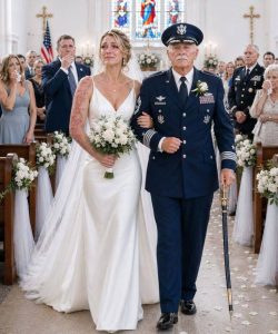 PART 1Three minutes before the wedding music began, my father refused to walk me down the aisle.

Richard Vale stared at the scars stretching across my neck and shoulder, then took a step back as though they were something shameful.

“I won’t be remembered escorting a damaged bride,” he whispered.

For a moment, the chapel faded away. All I could hear was the familiar ringing in my ears, the same sound that had haunted me since the explosion aboard a Navy destroyer in the Arabian Sea.

Dad straightened his cuff links and glanced toward the guests—politicians, admirals, executives, and longtime business partners.

“Those wedding photos will last forever,” he said coldly. “I’m not standing beside… that.”

To him, I wasn’t Lieutenant Evelyn Vale.

I wasn’t the daughter who had helped save his struggling company years ago by sending home nearly every extra paycheck.

I wasn’t the naval officer who had carried injured sailors through burning steel while flames consumed the engine room.

I was only the scars.

They burned beneath his stare, but I refused to hide them. Those marks reminded me that I had survived fire, months of surgeries, and endless rehabilitation. I would survive my father’s cruelty too.

Behind him, my younger sister Camille adjusted her champagne-colored dress.

“Dad is only protecting the family’s reputation,” she said softly. “You could still change into the high-neck gown I suggested.”

“I’m wearing the dress I chose.”

“Then postpone the wedding.”

Before I could answer, my fiancé, Daniel Mercer, stepped between us, anger flashing across his face.

“That’s enough.”

I gently touched his arm.

“Please… not today.”

My father mistook my calmness for weakness.

He leaned closer.

“If you walk in there without me, everyone will remember exactly what happened to your face.”

The chapel doors suddenly opened.

Every naval officer inside the room stood at attention.

Four-star Admiral Helena Cross walked through the entrance in full dress uniform, commanding instant silence. She was the Chief of Naval Operations, one of the most respected leaders in the Navy—and someone my father had spent years trying to impress because her office approved defense contracts worth hundreds of millions.

The color drained from his face.

The admiral stopped beside me, studying my scars with calm eyes before turning toward my father.

“Your daughter earned those scars saving American sailors,” she said firmly.

Then she offered me her arm.

“If you’re ashamed to walk beside her, Mr. Vale, I would consider it an honor.”

The chapel remained silent for one heartbeat.

Then applause began among the uniformed officers.

Within seconds, nearly every guest joined in.

My father stood frozen near the entrance while the attention he craved disappeared completely.

Daniel smiled as tears gathered in his eyes.

Together, Admiral Cross and I walked toward the altar.

Just before stepping away, she quietly spoke so only I could hear.

“The investigation file reached my desk this morning.”

I kept smiling for the guests.

“Is it enough?”

She nodded.

“Enough to bring down an entire corporation.”

Across the chapel, my father watched us with growing uncertainty.

At last, he realized the admiral hadn’t attended my wedding simply as an honored guest.

She had come because of him.

PART 2
The reception was held beneath glittering crystal chandeliers inside the exclusive Vale Maritime Club, a venue my father proudly called the symbol of his success.

He arrived late, smiling as though nothing unusual had happened during the ceremony.

Lifting a champagne glass, he addressed the guests without waiting for permission.

“To family,” he announced. “Even when certain people mistake public drama for real honor.”

A few executives laughed politely.

Camille raised her glass in support.

My mother quietly stared at her plate.

Daniel started to respond, but I gently squeezed his hand.

“Let him finish.”

My father grew even more confident.

“Evelyn has always loved attention,” he continued. “Fortunately, Vale Dynamics remains focused on serving this country. Tomorrow we’ll receive final approval for our newest naval contract.”

Applause spread across the ballroom.

Then he turned toward me.

“Considering today’s embarrassment, your position in the family trust and your voting shares may need to be reconsidered.”

Camille smiled, clearly pleased by the idea.

“You should have hidden those scars,” she said. “Instead, you embarrassed Dad in front of the admiral.”

I calmly cut another piece of wedding cake.

“Did I?”

Before anyone could answer, my father’s phone vibrated.

He ignored it.

Then Camille’s phone rang.

Moments later, nearly every executive at the head table looked down at their own screens.

The smiles disappeared one by one.

“What is this?” my father muttered after reading the message twice.

“Contract review suspended?”

Admiral Cross remained perfectly calm.

“That’s standard procedure whenever credible evidence suggests a defense contractor endangered American service members.”

My father slowly turned toward me.

“What have you done?”

I placed my fork on the plate.

“Sixteen months ago, the fire suppression system aboard the USS Resolute failed during an engine-room explosion.”

“It worked exactly as designed,” he snapped.

“It didn’t.”

“The system your company certified as military-grade nickel alloy was actually built with inferior steel.”

For the first time that evening, fear flashed across his face.

That tiny expression confirmed everything investigators already suspected.

I still remembered the fire.

The heat.

The collapsing metal.

Carrying one unconscious sailor to safety.

Going back for a second.

Then a third.

Those rescues left scars across my neck and shoulder that would never disappear.

After my surgeries, my father visited the hospital only once.

Instead of asking whether I would recover, he begged me never to mention which company had manufactured the failed equipment.

Back then, I believed he wanted to avoid bad publicity.

Months later, I learned the truth.

A senior engineer named Rosa Kim secretly contacted federal investigators after discovering internal test reports had been altered.

According to the documents, Richard Vale personally ordered failed safety results to be replaced with fabricated ones.

Camille, serving as the company’s legal director, approved false compliance certificates and helped conceal the changes.

My father laughed too loudly.

“Anyone can forge paperwork.”

I looked him in the eye.

“The damaged manifold couldn’t be forged. I photographed its serial number before investigators removed it. The laboratory analysis, supplier invoices, and your internal emails all point to the same conclusion.”

Camille suddenly stood.

“Those emails are protected legal communications.”

“They stopped being protected the moment they became instructions for fraud.”

Before anyone spoke again, the ballroom doors opened.

Four federal agents entered alongside two attorneys from the Department of Justice.

Every conversation instantly stopped.

The lead investigator walked directly toward my father.

He forced a nervous smile.

“This is my daughter’s wedding.”

The agent met his eyes without hesitation.

“No, Mr. Vale.”

“This is the day your company begins answering for millions of dollars in fraudulent defense contracts.”

Silence swept across the ballroom as every guest realized the celebration had just become the beginning of a federal criminal investigation.

PART 3
Richard pointed directly at me.

“She stole confidential company records! Arrest her!”

The lead federal agent didn’t even glance in my direction.

“Lieutenant Vale provided no stolen documents,” she replied. “Your senior metallurgist cooperated under federal whistleblower protection.”

Camille’s face turned white.

“Rosa signed a confidentiality agreement.”

Admiral Cross calmly answered before anyone else could.

“No agreement protects criminal conduct or fraud against the United States.”

My father shook his head in disbelief.

“You’re destroying an entire company over one defective component.”

The admiral stepped forward.

“One defective component injured seven sailors.”

She looked at me.

“This officer entered a burning engine room three separate times to save lives. Those scars represent courage.”

Then she turned back to Richard.

“They also represent the consequences of your decisions.”

Around the ballroom, every naval officer rose to their feet once again.

No one applauded this time.

Their silence carried far more weight.

Richard’s phone continued buzzing without pause.

Banks had frozen credit lines.

The Navy had suspended every pending payment.

Board members were demanding an emergency meeting.

His business empire was collapsing by the minute.

Camille rushed toward me and grabbed my arm.

“Please stop this,” she whispered. “Tell them there’s been a misunderstanding.”

I calmly looked down until she released my sleeve.

“You approved false safety certificates after learning those parts could fail.”

“I was protecting the company.”

“You were protecting profits.”

Panicking, Camille pulled out her phone and hurriedly typed a message.

An FBI agent immediately stepped beside her.

“Please place the phone on the table.”

“It’s private.”

The agent turned the screen toward everyone nearby.

The unfinished message read:

DELETE ALL RESOLUTE FILES. ERASE THE BACKUPS. NOW.

One of the Justice Department attorneys gave a faint smile.

“Attempting to destroy evidence in the middle of a federal investigation usually makes our job much easier.”

Camille burst into tears.

Richard remained silent.

For the first time in my life, he looked small.

Not like the powerful businessman everyone admired.

Just a frightened man watching everything he had built disappear.

As agents escorted them toward the ballroom doors, hundreds of guests stepped aside without saying a word.

No one defended them.

No one followed them.

I thought I would feel victorious.

Instead, I felt something far lighter.

Relief.

Years of carrying anger finally slipped away.

Daniel gently took my hand.

“We can cancel the reception if you want.”

I looked around the room.

At the sailors whose lives had been changed forever.

At my friends.

At Admiral Cross.

At my mother, who slowly walked toward me with tears in her eyes.

“I’m sorry,” she whispered. “I should have stood beside you long ago.”

It wasn’t enough to erase the past.

But it was an honest beginning.

I smiled.

“No.”

I squeezed Daniel’s hand.

“We’re finishing our wedding.”

The music started again.

Guests returned to the dance floor.

For the first time in years, I celebrated without pretending to be someone else.

Eleven months later, Richard Vale pleaded guilty to procurement fraud, conspiracy, and witness tampering. He was sentenced to nine years in federal prison.

Camille admitted her role in falsifying compliance documents and attempting to destroy evidence. She received a four-year sentence.

Vale Dynamics was dismantled, while its legitimate divisions were sold to protect innocent employees from losing their jobs.

Rosa Kim received federal whistleblower recognition for exposing the fraud.

The injured sailors were compensated through the recovery fund.

Daniel and I moved to a quiet home overlooking Chesapeake Bay.

I accepted command of a Navy safety unit dedicated to ensuring that no contractor could ever place profit above the lives of service members again.

On our first wedding anniversary, I wore the same sleeveless wedding dress by the water.

Sunlight rested across every scar.

Admiral Cross smiled as she raised her glass.

“Still feel damaged, Lieutenant?”

I looked toward the bay and smiled.

“No, ma’am.”

“I’m decorated.”