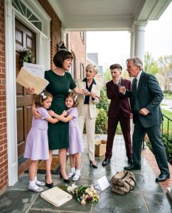 Part 1:My husband, Mark Whitman, was laid to rest that morning in the black suit I had chosen through trembling tears. By four o’clock that afternoon, I stood outside our suburban Pennsylvania home with our two children—sixteen-year-old Noah and nine-year-old Lily—while Mark’s parents refused to let us inside.

My father-in-law, Richard, gripped the front door key like it belonged to him. Beside him stood my mother-in-law, Elaine, wearing a dark coat, her face dry and unreadable.

“This house belongs to the Whitman family,” Richard said. “You and the kids can stay with your sister until everything is sorted out.”

I stared at him, too drained to process such cruelty.

“This is our home.”

Elaine glanced at my inexpensive black dress, then at Lily’s worn shoes.

“Mark supported you for years, Julia. He’s gone now. We’re not taking over that responsibility.”

Noah stepped in front of me.

“Don’t talk to my mom like that.”

Richard’s face hardened.

“Watch your tone, boy.”

“He buried his father today,” I said.

Before I could finish, Richard swung his hand across Noah’s face. The slap sent my son stumbling into the porch railing. Lily screamed and grabbed my coat.

Something inside me went completely quiet.

I reached for Noah, but Elaine grabbed my left hand and pulled my wedding ring from my finger. The diamond scraped against my skin.

“This belonged to my mother,” she said coldly. “It was never yours.”

For eleven years I had worn that ring while standing beside their son through endless overtime, medical bills, and the fear of his cancer returning. They had called me family every Sunday at church.

Now they looked at me like a burden.

Without saying another word, I checked Noah’s cheek, took Lily’s hand, and walked back to my car.

Inside the glove compartment was a sealed brown envelope Mark had given me two months before he passed away. He made me promise not to open it unless I truly needed to.

With shaking hands, I broke the seal.

The first page was a letter written in Mark’s own handwriting.

*Julie, if my parents ever turn against you, don’t argue. Call Attorney Rebecca Hale immediately. The house belongs to you. The lake cabin belongs to you. My business shares are held in trust for you and the children. Mom and Dad know nothing.*

I looked through the rain at Richard and Elaine standing on my porch.

Then I called the attorney.

Rebecca Hale answered on the third ring as though she had been waiting for my call.

After I explained everything, her calm voice turned icy.

“Julia, stay in the car with the children. Do not go back inside. I’m calling the police and bringing certified copies of every document.”

Richard saw me talking on the phone and laughed.

“Calling your sister won’t help.”

I lowered the window just enough.

“I’m calling Mark’s lawyer.”

His smile disappeared.

Elaine tightened her grip around my wedding ring.

For the first time that day, fear crossed her face.

Twenty minutes later, a patrol car arrived, followed by a silver sedan.

Rebecca stepped out wearing a navy coat, carrying a leather briefcase and an expression that made Richard instinctively step backward.

She ignored him at first.

Instead, she came to my car, checked Noah’s swollen cheek, looked at Lily crying in the back seat, and said quietly,

“You did exactly what Mark hoped you would.”

Then she faced Richard and Elaine.

“You are currently trespassing on property legally owned by Julia Whitman.”

Richard laughed loudly.

“That’s ridiculous. My son bought this house before they were married.”

Part 2: 
Rebecca opened her briefcase.

“After his diagnosis, Mark transferred the property into a marital trust. Julia is both the primary beneficiary and trustee. Six months ago, you were invited to attend the estate signing. You declined.”

Elaine whispered,

“Mark would never leave us out.”

Rebecca never looked away.

“He didn’t. He left you the Florida condo outright and arranged an annual allowance from a separate account. What he did not leave you was permission to force his widow and children out of their home on the day of his funeral.”

The police officer looked at Noah.

“Did he hit you?”

Noah glanced at me before nodding.

Richard raised both hands.

“I was disciplining him.”

“He’s a minor,” the officer replied. “And this isn’t your property.”

Elaine quietly tried slipping my wedding ring into her pocket.

Rebecca noticed immediately.

“That ring is listed in Mark’s personal property instructions as Julia’s separate possession.”

“It belonged to my family first,” Elaine snapped.

“It belonged to Mark,” Rebecca answered calmly. “And Mark gave it to his wife.”

The officer extended his hand.

Reluctantly, Elaine surrendered the ring.

When it was returned to me, I simply held it tightly instead of putting it back on.

I watched Richard and Elaine realize that the widow they believed was powerless had been protected all along by the son they thought they controlled.

By sunset, they stood in my driveway beside two packed suitcases, which Rebecca had allowed them to collect under police supervision.

Neighbors watched quietly from behind curtains.

I neither celebrated nor hid.

Richard pointed at me.

“You turned our son against us.”

I almost smiled.

“No. Mark protected me because he understood you better than I ever did.”

Elaine’s voice trembled.

“We lost our son.”

“So did my children,” I replied. “And before the flowers on his grave had even wilted, you tried to make them homeless.”

She had no answer.

Rebecca remained until every lock had been replaced.

Together we searched the house, checking drawers, paperwork, and finally the hidden safe Mark had concealed behind old tax boxes in his office closet.

Inside were insurance documents, bank records, birth certificates, passwords, and another sealed letter addressed to Noah and Lily.

I left it unopened.

Some words belonged to my children when they were ready to hear them.

The next morning, Rebecca explained everything in her office.

Mark had known his parents were pressuring him to transfer his assets back to them during his illness.

Before treatments weakened him, he quietly placed the house, his ownership in the family equipment company, and the lake cabin into protected trusts.

“He wanted to leave you more than survival,” Rebecca said softly. “He wanted to leave you freedom.”

For the first time since the funeral, I cried openly.

Three weeks later, Richard challenged the trust in court, claiming Mark had lacked mental capacity.

Rebecca presented medical evaluations, video recordings of the signing, and testimony from three bank employees.

The judge dismissed the case in less than an hour.

Elaine never apologized.

She mailed back a box of family photographs with my name intentionally misspelled on the label, as though spelling it correctly would acknowledge I had ever mattered.

Noah’s bruise healed within days.

His anger took much longer.

Lily slept with one of Mark’s old sweatshirts for months.

I learned grief never follows a straight path.

Some mornings it looks like coffee and paperwork.

Some nights it looks like a child crying quietly against your shoulder.

But one thing never changed.

We stayed in our home.

That spring, I took Noah and Lily to the lake cabin Mark had left us.

We opened every window, swept the porch, and planted yellow flowers beside the front steps.

Only then did I slip my wedding ring back onto my finger.

Not because it proved I belonged to the Whitman family.

But because Mark had chosen me, protected me, and left behind the truth when everyone else expected me to fall apart.

And I never did.