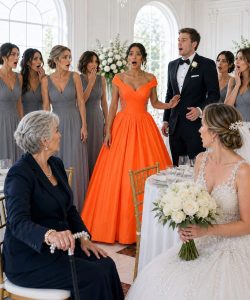 The bridal suite at the Whitlock estate smelled like luxury perfume, with a fake vanilla sweetness underneath it—the kind of scent meant to make everything feel expensive, even when nothing felt real.I stood in the doorway with my canvas duffel digging into my shoulder. Inside, seven women in matching lavender silk robes laughed over crystal champagne glasses. Each robe had a name embroidered on it. Mine didn’t.
My sister Sloan didn’t even turn around from the makeup chair. She simply lifted one manicured finger and pointed toward the hallway. “Yours is in the back,” she said, still studying her reflection. I carried my bag down the hall. The perfume faded, replaced by the sharp smell of bleach. My “room” wasn’t a room at all. It was a linen closet filled with mops, cleaner, a yellow bucket, and a rusted pipe. Hanging from that pipe was my dress.
Neon orange. Huge. Cheap. Rough enough to feel like sandpaper. Outside, the bridesmaids wore soft lavender silk. Inside, my family had left me a humiliation.
My name is Emma Clark. I’m thirty-three, a Captain in the United States Army Corps of Engineers. I have walked through dangerous places, written reports no one wants to write, and made decisions in the dark that will stay with me forever. So no, I did not cry in that closet.
I opened my duffel, reached past the medical supplies, and pulled out three heavy steel safety pins. I gathered the oversized fabric behind my back, twisted it tight, and pinned it into place. Snap. One at the back. Snap. One at the waist. Snap. One below my ribs. The dress was still ugly, still bright, still looked like a warning sign. But now it fit like armor instead of a sack.
I straightened my back, lifted my chin, and walked back into the suite. The laughter died instantly. Seven heads turned. My mother, Diane, froze while pinning a diamond tiara into Sloan’s blonde curls. I pointed toward the rack in the corner, where two extra lavender dresses hung untouched.
“Give me one of the backups,” I said.
No emotion. No pleading.
Diane looked me over with cold irritation. “Don’t ruin your sister’s day, Emma. Just wear it. No one will be looking at you anyway.”
I looked past her. My Uncle Rick smirked from beside the minibar. My father, Glenn, stood at the window with his back to us, pretending to look outside. His shoulders were tense. He had heard everything. And he said nothing. I gave my mother one slow nod, turned around, and left.
In the hallway, my thumb found the scar along my wrist, a permanent reminder of what this family had already cost me. I pressed my nail into it, let the dull ache steady me, then kept walking.
For years, I had been a bank account with a daughter’s name. At twenty-two, while deployed in harsh conditions, I earned hazard pay by sleeping lightly, working under pressure, and living close to danger. I didn’t keep it. When my mother called crying about the house, Sloan’s tuition, or another emergency, I sent money. Fifteen thousand dollars once, earned in a freezing guard tower, because I believed her fear.
Then Sloan dropped out three semesters later. Not because she failed. Because she “needed time to find herself.” She found herself in Cancún, posting photos in designer sunglasses, expensive coats, and luxury bars—paid for by money I earned while serving overseas. Not once did she ask if I was safe. Not once did my mother ask if my unit had lost anyone. I wasn’t their daughter. I was their deposit slip.
Three years later, my grandmother Ruth had a severe stroke. Suddenly, everyone had excuses. My mother’s back was too weak. My father was too busy. Sloan was nowhere to be found. So I requested a compassionate reassignment and came home. For three years, my life became one sterile bedroom that smelled like antiseptic. I turned my grandmother every two hours, fed her soft food, cleaned her, monitored her breathing machine, and balanced military duties with hospital visits.
Sloan visited twice. Once, she came to ask me to co-sign for a new SUV while I was holding a bedpan. The second time was the funeral. She arrived late in a dramatic black dress, then cried loudly in front of the family about how close she had been to Grandma Ruth. She stole the grief too. I stood in uniform at the back, dry-eyed, because I had already done my mourning at three in the morning while washing sheets alone.
At the wedding, the ceremony passed in a blur of fake tears and polished vows. I stood at the edge of the altar in that neon orange dress, holding dying hydrangeas my mother had clearly chosen for me on purpose. During photos, the photographer arranged the lavender bridesmaids, then looked at me and sighed.
“Step behind the groomsman,” he said. “You’re pulling focus.”
I stepped back. He tried again. Then he lowered the camera.
“Actually, step out of the frame. Let’s do the core family first.”
Core family. The words hung in the humid Virginia air. My mother smiled slightly. My father stared at his shoe. He watched a stranger erase me from my own family and did nothing. I walked to the edge of the lawn and stood under an old oak tree. The photographer clicked thirty-two times. Thirty-two photos where Emma Clark did not exist.
But when you are pushed out of the center, you don’t break down. You observe. That was when I noticed Margaret Whitlock, the groom’s seventy-nine-year-old grandmother and the woman who controlled the Whitlock family fortune. She wasn’t watching the bride. She was watching me. Her sharp eyes stayed fixed on me beneath the oak tree. Then she lifted her cane and tapped it once against the stone. Clack. Again. Clack. A signal.
Later, at the cocktail reception, I stood behind a wall of white roses with a glass of water and listened. Sloan was telling the Whitlocks a story about struggling through school, working double shifts, and building herself from nothing. My hand tightened around the glass. She was telling my story. My work. My nights. My sacrifice. Then she claimed she had gone to NC State and built a structural engineering firm from the ground up.
She had never touched an engineering blueprint in her life.
I stepped out and faced her. “You don’t even know the difference between reinforced concrete and mud brick,” I said quietly.
For half a second, panic crossed her face. Then she smiled. “Look at you, Emma,” she sneered. “You’re standing here in that awful orange tent, making up stories again. This is why no one takes you seriously.”
Before I could answer, my mother grabbed my arm and dragged me into a dark alcove near the kitchen doors.
“Shut your mouth,” she hissed.
“She’s claiming my degree. My company.”
“And who’s going to believe you?” Diane whispered. “I already spoke to Daniel’s family. I told them you came back from deployment unstable. I told them you have delusions. I told them you’ve always been jealous of Sloan.”
The air left my lungs. She had prepared the trap perfectly. If I spoke, I would look unstable. If I got angry, I would prove her lie. Diane smiled. “Go ahead. Let’s see who they believe—the beautiful bride or the troubled sister in that hideous dress.” Then she walked away.
I stood alone for a moment, breathing through the anger. A normal person might have screamed. But I am not a normal person. I am an Army captain. Screaming gives your enemy what they expect. Strategy gives you options.
I returned to the dining hall. My seat was at Table 14, near the kitchen doors, far from the head table where my family sat beneath the chandelier. Hot greasy air rushed out every time a waiter passed. I sat with business acquaintances who barely acknowledged me. I was a ghost in a neon warning sign.
Then Daniel, the groom, came over. He looked at me with pity.
“Sloan told me about your mental state,” he said gently. “I think it’s brave you came today.”
He believed he was being kind. That made it worse. When he placed a hand on my shoulder, I shrugged it off sharply and stared at him without saying a word. He retreated.
I needed air, so I headed toward the exit. But Margaret Whitlock was waiting near the coat check, sitting upright in a red velvet chair with both hands on her cane. She looked at me and said, “You graduated from North Carolina State University. Civil, Construction, and Environmental Engineering. Class of 2017. Correct?”
I straightened automatically. “Yes, ma’am.”
“I don’t approve marriages into my family without reading the fine print,” she said. “I run background checks.” Then she leaned forward. “Stay, Captain. You’ll want to see what happens next.”
It was not a suggestion. It was an order.
I returned to Table 14. The maid of honor was giving a speech about Sloan’s courage and independence when my hand brushed something cold on the empty chair beside me. Diane’s phone. Unlocked. A message lit up in a group chat called Clark Girls. I opened it. The messages were brutal.
My aunt had suggested the neon orange dress. My mother had agreed, saying it would make me look ridiculous beside the silk. Sloan had told them to make sure the photographer removed me from the pictures and that if Daniel’s family asked, she would say I had PTSD and hated photos.
Then I saw the worst part. A photo of my NC State diploma. My name had been blurred out. Sloan’s name had been edited over it. She had sent it to Daniel’s family as proof. I turned off the phone and placed it back exactly where I found it. Across the room, I looked at Margaret. I gave her one sharp nod.
She stood. The room changed instantly. The music stopped. Two hundred guests went silent. Margaret’s cane struck the floor as she walked toward Table 14. Thump. Step. Thump. Step.
My mother tried to intercept her, smiling desperately and warning that I was “fragile” and “triggered.” Margaret stopped and looked at my mother’s reaching hand with pure disgust.
“I am not finished, dear,” she said.
Diane froze. Margaret walked around her and sat beside me. Then she looked at me.
“Emma,” she said. “Sitrep. Who took care of your grandmother?”
“I did,” I answered clearly. “Three years. Compassionate reassignment. I fed her, cleaned her, monitored her ventilator, and stayed until her heart stopped.”
Margaret nodded. “The NC State degree. The engineering firm in Raleigh?”
“Mine,” I said. “Class of 2017. I co-founded the firm six years ago. We handle commercial steel framing. Annual revenue is over 1.2 million.”
The room gasped. Daniel stepped away from Sloan.
“You told my aunt the firm was yours,” he said quietly.
Sloan panicked. “She’s lying! She’s always been jealous of me!” Then she pointed at Margaret. “Your grandmother is confused. She’s seventy-nine.”
The room seemed to freeze. Margaret smiled thinly and placed a stack of papers on the table.
“I called the nursing facility,” she said. “I checked the alumni registry. I also ran a credit check.” She continued calmly, “Nine credit cards. All maxed out. A forty-thousand-dollar payday loan, ninety days overdue. This marriage is not romance. It is a bailout.”
The hall erupted. People shouted. Glasses fell. Whitlock relatives stood up in outrage. My mother tried to claim I was unwell again, but no one listened. On the stage, Sloan tore the tiara from her hair, ripping out extensions with it.
“You always had to be better!” she screamed at me. “You had the degree, the money, everything! Today was supposed to be mine!”
I did not answer. I picked up my glass of water and took one slow sip. Then Sloan ran through the catering doors.
My father finally approached me. “Emma,” he muttered. “I should have said something.”
“Yes,” I said. “You should have.”
“I just wanted to keep the peace.”
“You chose their lies over my life.”
He opened his mouth, but I raised my hand and stopped him. Then I turned away. Margaret watched quietly. I stood, saluted her, and she nodded.
“You can stay, Captain,” she said. “The Whitlock family welcomes the truth. There is a seat for you at the head table.”
“Thank you, ma’am,” I said. “But my mission here is done.”
I walked out in the neon orange dress they had chosen to shame me. Let them look at what they created. Two hundred people parted as I passed. Outside, the cold Shenandoah air hit my face like medicine.
Ten miles from the estate, I pulled off the road, stepped out of the truck, and removed the steel pins one by one. Then I pulled the orange dress over my head and threw it into the darkness. I put on an old gray T-shirt. Soft cotton. Freedom. Then I drove south toward Raleigh.
The wedding never happened. Daniel refused to sign the marriage license. The Whitlock lawyers moved within forty-eight hours. The trust fund disappeared. Sloan’s fake life collapsed under nine maxed-out cards, a payday loan, and a stolen degree.
Six weeks later, I was in my Raleigh office when the intercom buzzed.
“Captain Clark, two walk-ins. They say they’re family.”
I looked through the glass wall. Diane and Sloan stood by the elevators, stripped of designer polish. Sloan looked thinner, tired, and flat-haired. Diane’s fake tan had faded badly.
“Send them back,” I said.
Diane rushed in crying. “Emma, please. You have to help us.”
She grabbed my hand. “The creditors keep calling. Sloan can’t find work. Daniel won’t answer. Margaret Whitlock respects you. If you speak for Sloan, maybe they’ll drop the fraud charges.”
They had tried to erase me. Now they wanted my name to save them. I pulled my hand away and wiped my palm on my jeans.
“I will not call anyone,” I said. “I will not clean this up.”
Sloan stepped forward. “Emma, please. I have nothing. My car was repossessed. Do you want me to starve?”
I leaned forward. “You took my hazard pay. You took my sleep. You took three years of my life caring for someone you barely visited. You took my degree, my company, and my name. You used all of it to build a fake life and erase me.”
I held her stare. “You played the game. You lost. It’s over.”
Diane’s mask vanished. “You are my daughter,” she snapped. “You will not speak to us this way.”
“I am not your ATM,” I said. “I am not your stray dog. You are not my family. You are a liability.”
I pointed to the door. “Get out of my office.”
Diane looked at me and finally saw there was nothing left to use. No guilt. No fear. No obligation. She grabbed Sloan and left. The glass door closed with a clean click.
That sound ended the crying, the manipulation, and the bloodline. I stood in my quiet office, surrounded by coffee, sunlight, fresh blueprint paper, and the Raleigh skyline. Then I sat down, pulled a new set of structural plans across my desk, picked up my steel pen, and went back to building something real.